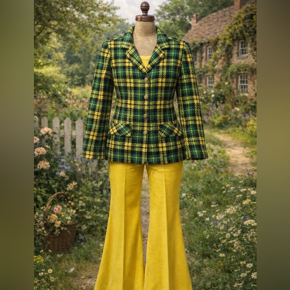 Pants - Vintage 1970s “Juniorite” Green & Yellow Tweed Plaid Blazer With Gold Buttons